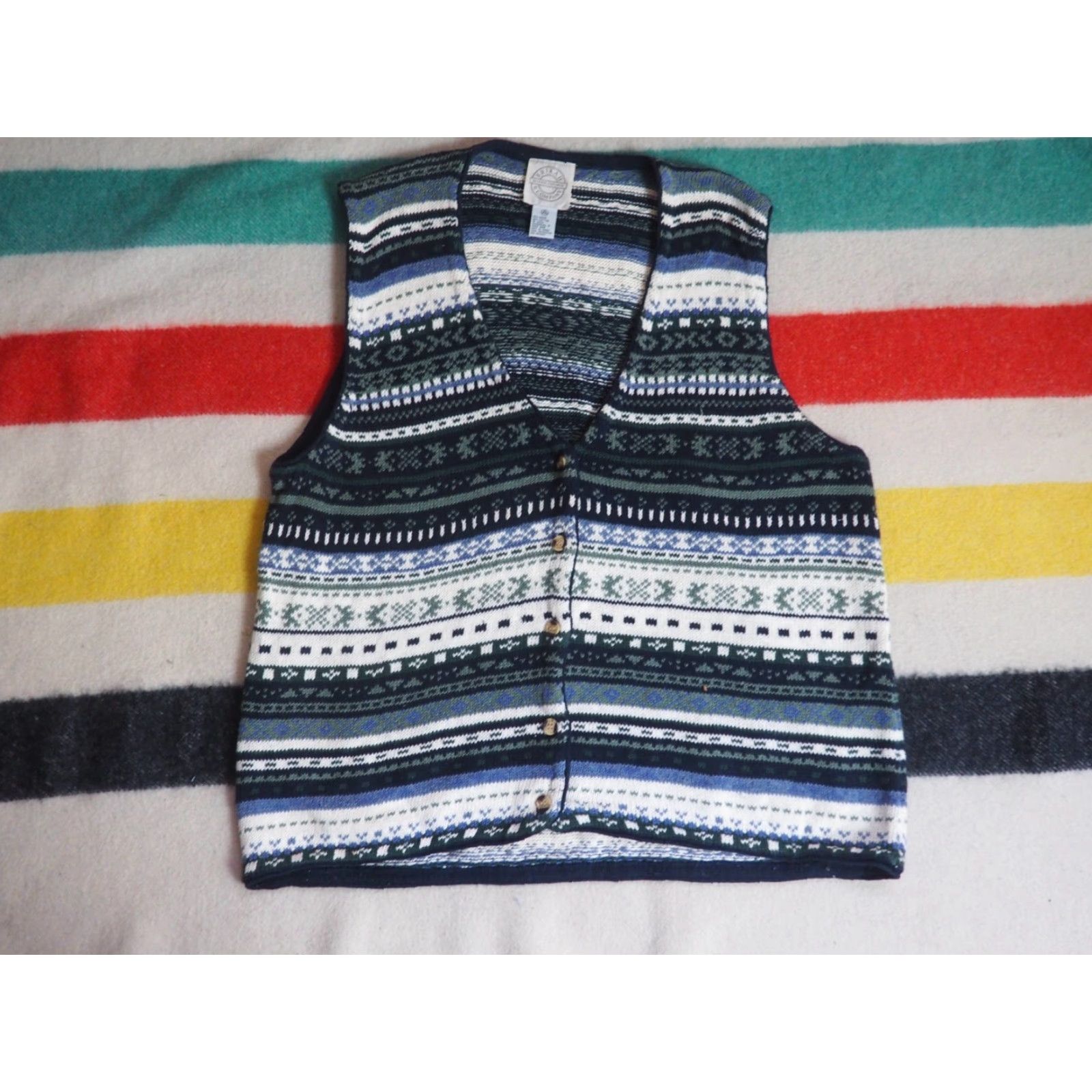 Vintage VINTAGE Erika II 90s Ramie Cotton Striped Lodge Green Ivory Button Vest 2XL Size XXL / US 16-18 / IT 52-54 - 2 Thumbnail