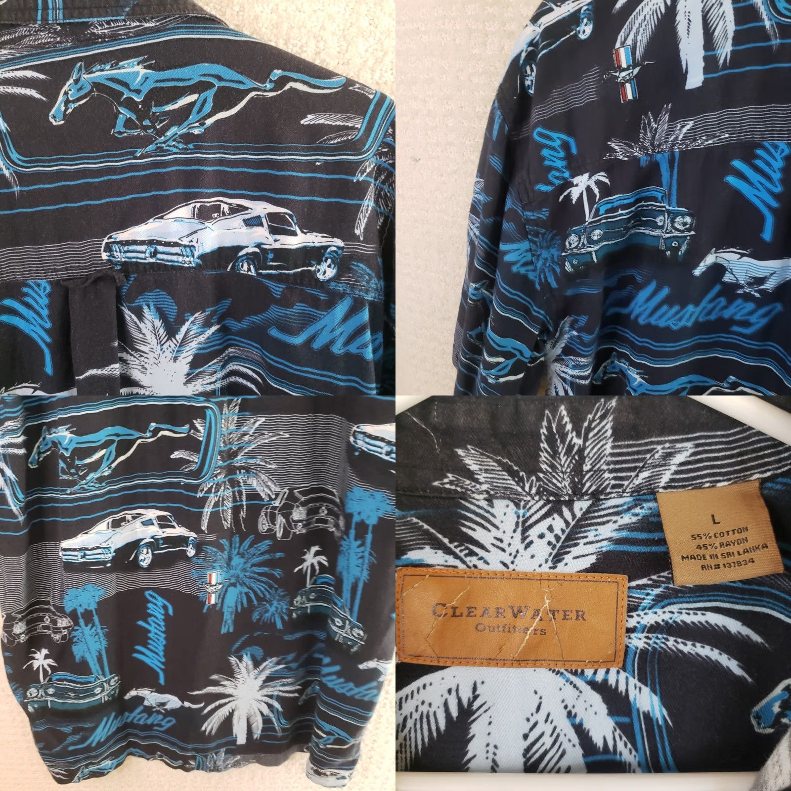 Ford VINTAGE Clear Water Outfitters Ford Mustang Hawaiian Short Sleeve Shirt Blue Black Mens L Family? Size US L / EU 52-54 / 3 - 9 Thumbnail