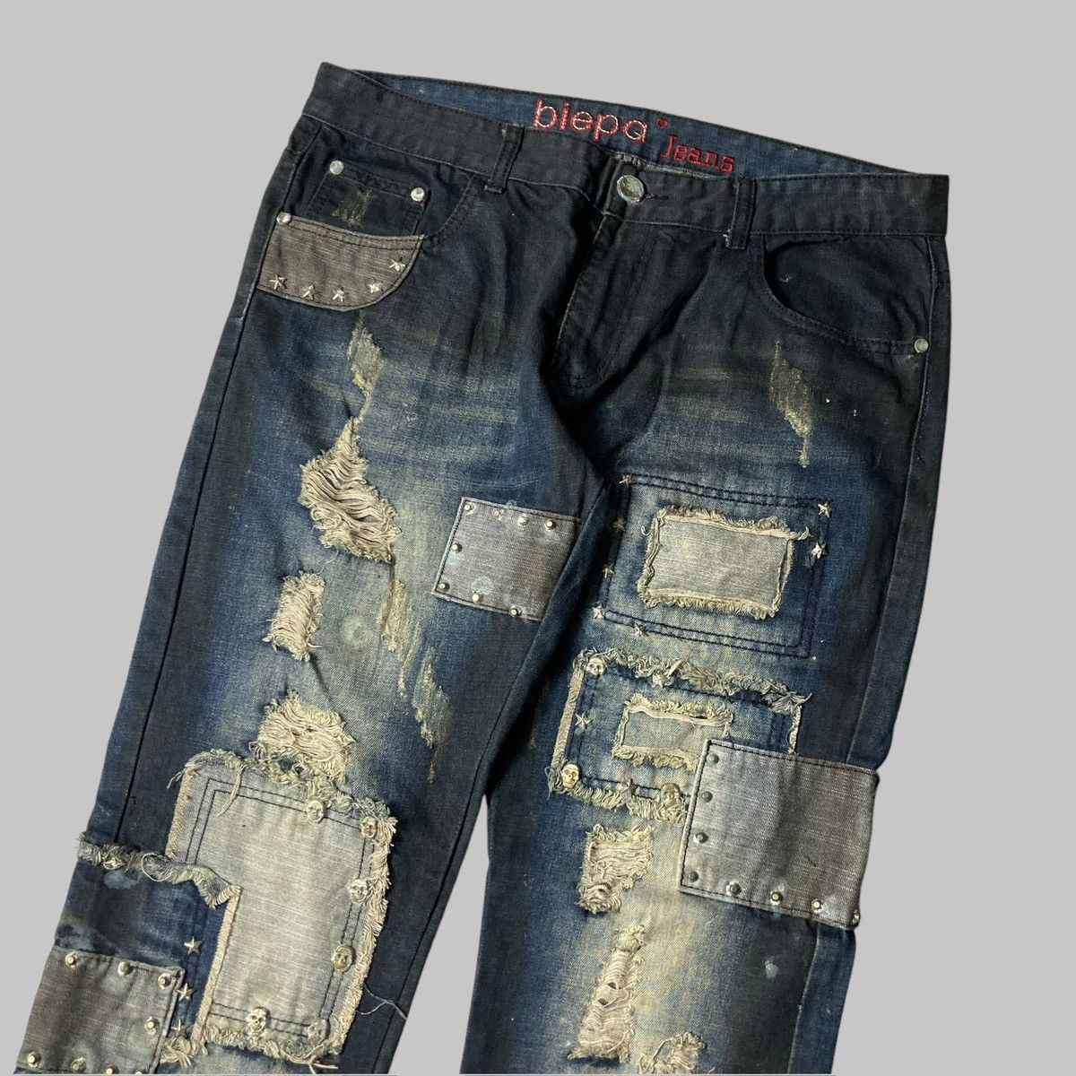 If Six Was Nine × Japanese Brand × Le Grande Bleu (L.G.B.) BIEPA Patchwork Distressed Studded Skull Punk Design Jeans Size US 35 - 3 Thumbnail