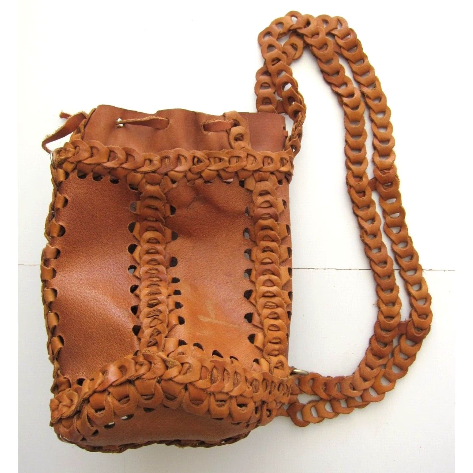 Vintage Vintage Handmade 100% Leather Tan Brown Braided Satchel Shoulder Tote Bag Purse Size ONE SIZE - 5 Thumbnail