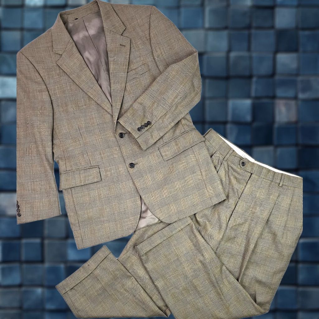 Jos. A. Bank VINTAGE Jos A Bank Glen Check Plaid 100% Wool Suit Jacket 41R Pants 35R Beige Men 2 Piece Formal Business Glen Check Wool Suit Mens Size 42R - 1 Thumbnail