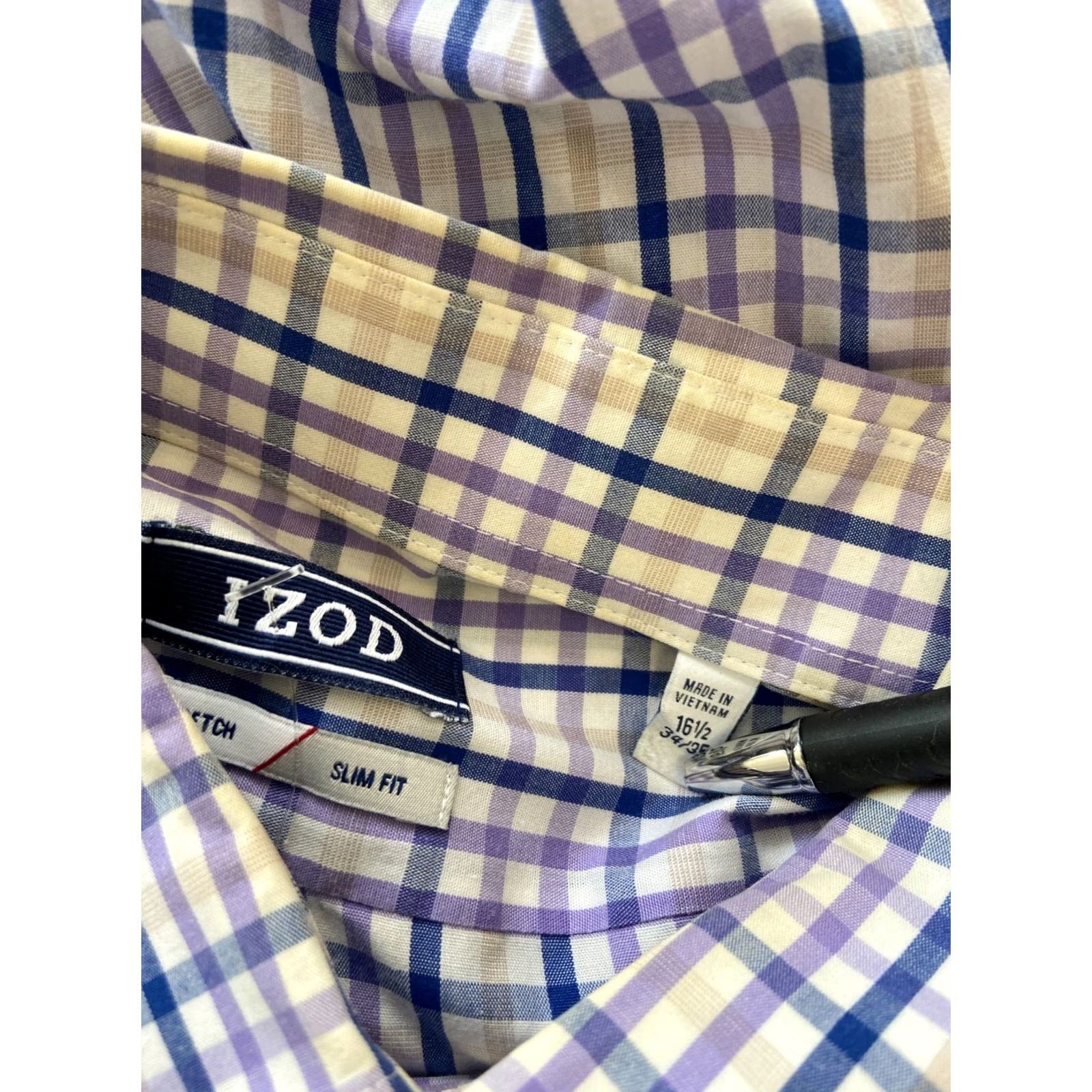 Izod Izod Mens Dress Shirt - Purple Plaid - Slim Fit - Blue - 16.5 - Button Down - Machine Washable Size 46R - 2 Thumbnail
