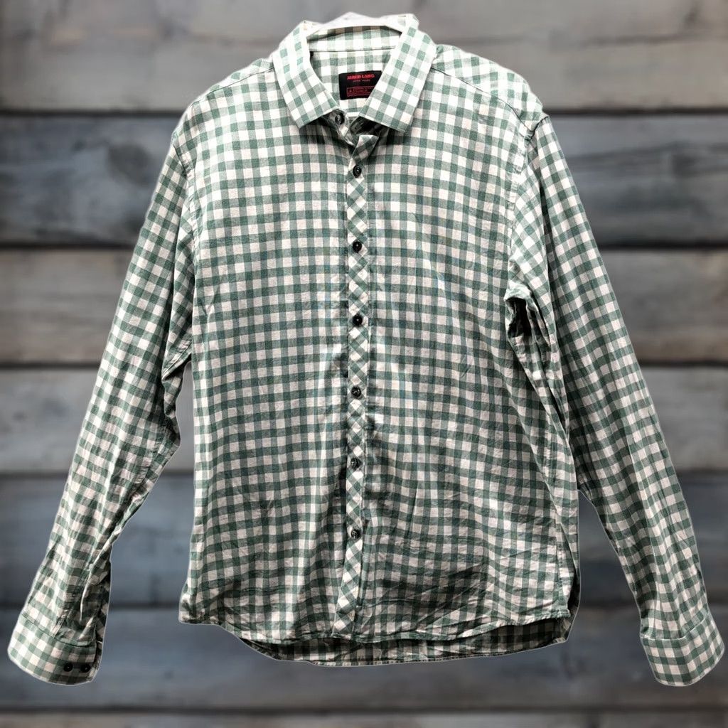 Jared Lang Jared Lang Slub Cotton Shirt Mens XL Green White Check Long Sleeve Breathable Size US XL / EU 56 / 4 - 1 Thumbnail
