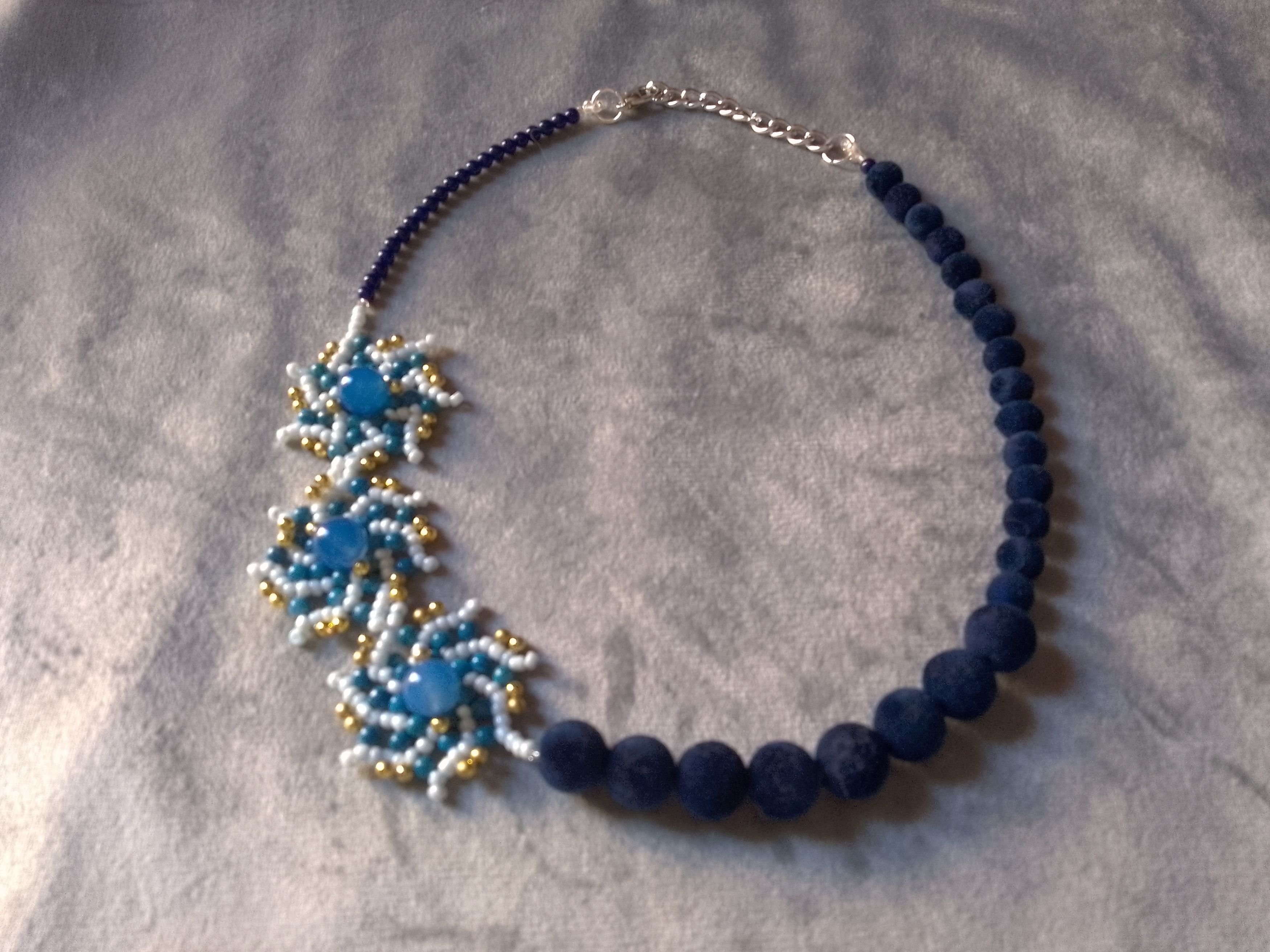 Handmade Glamour Necklace Blue Agate stones +Velvet dark Blue Pearls Size ONE SIZE - 3 Thumbnail