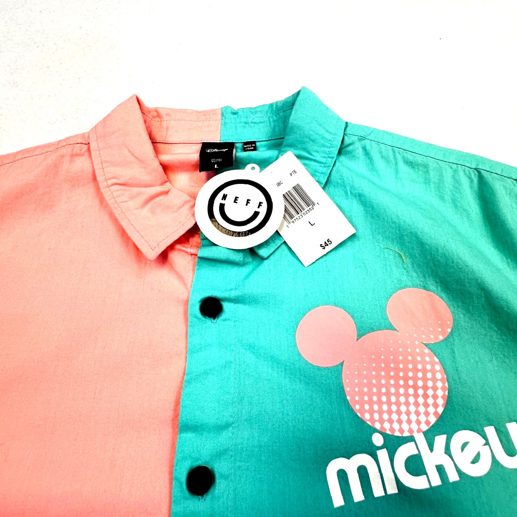 Disney Disney Neff Mickey Button-Down Short Sleeve Colorblock Shirt Mens L Pink Teal Aqua Multicolor 90s Theme Usa Cartoon Casual Hawaii Size US 33 - 5 Thumbnail