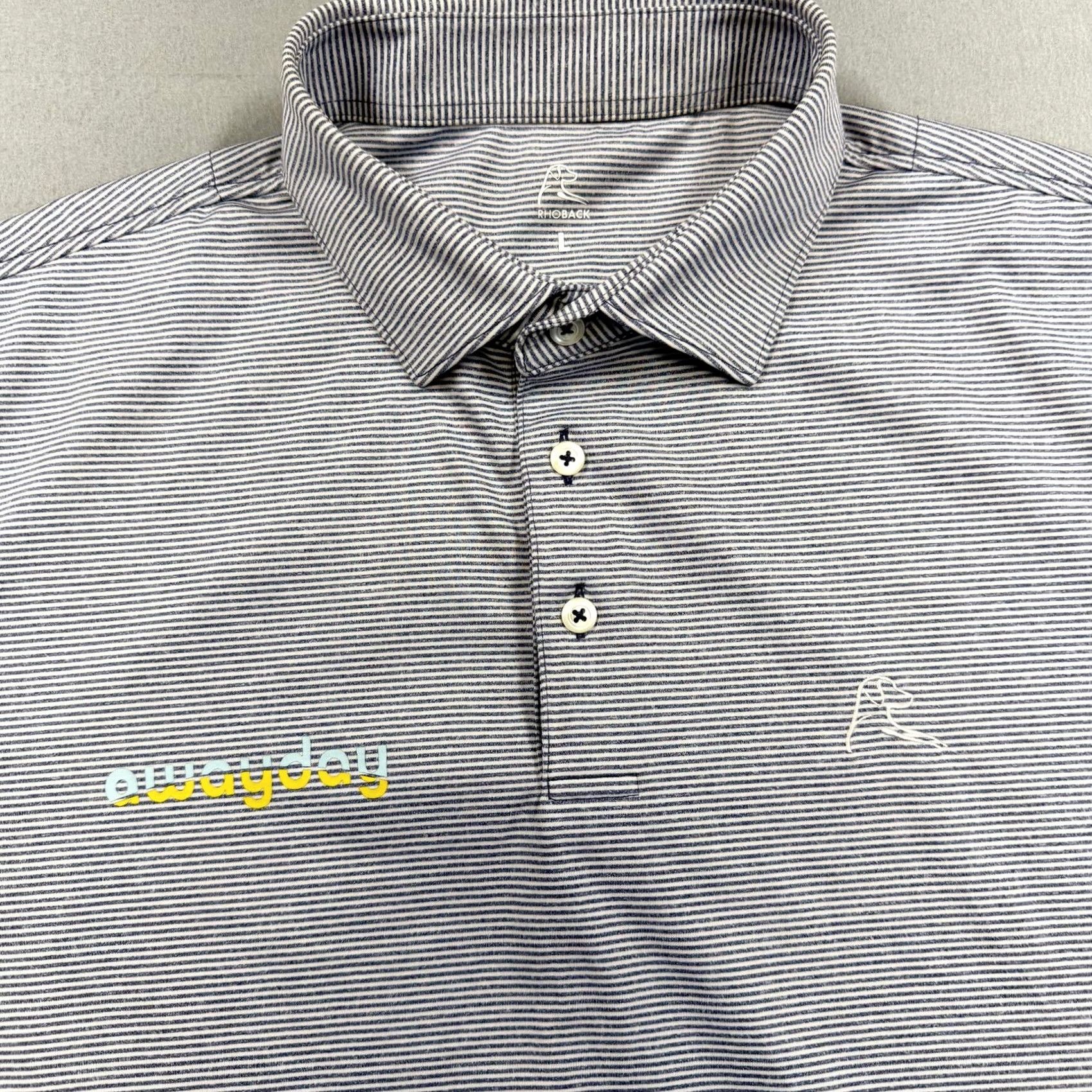 Vintage Rhoback Polo Shirt Mens Large Blue Stripe Awayday Logo Golf Performance Stretch Size US L / EU 52-54 / 3 - 2 Thumbnail