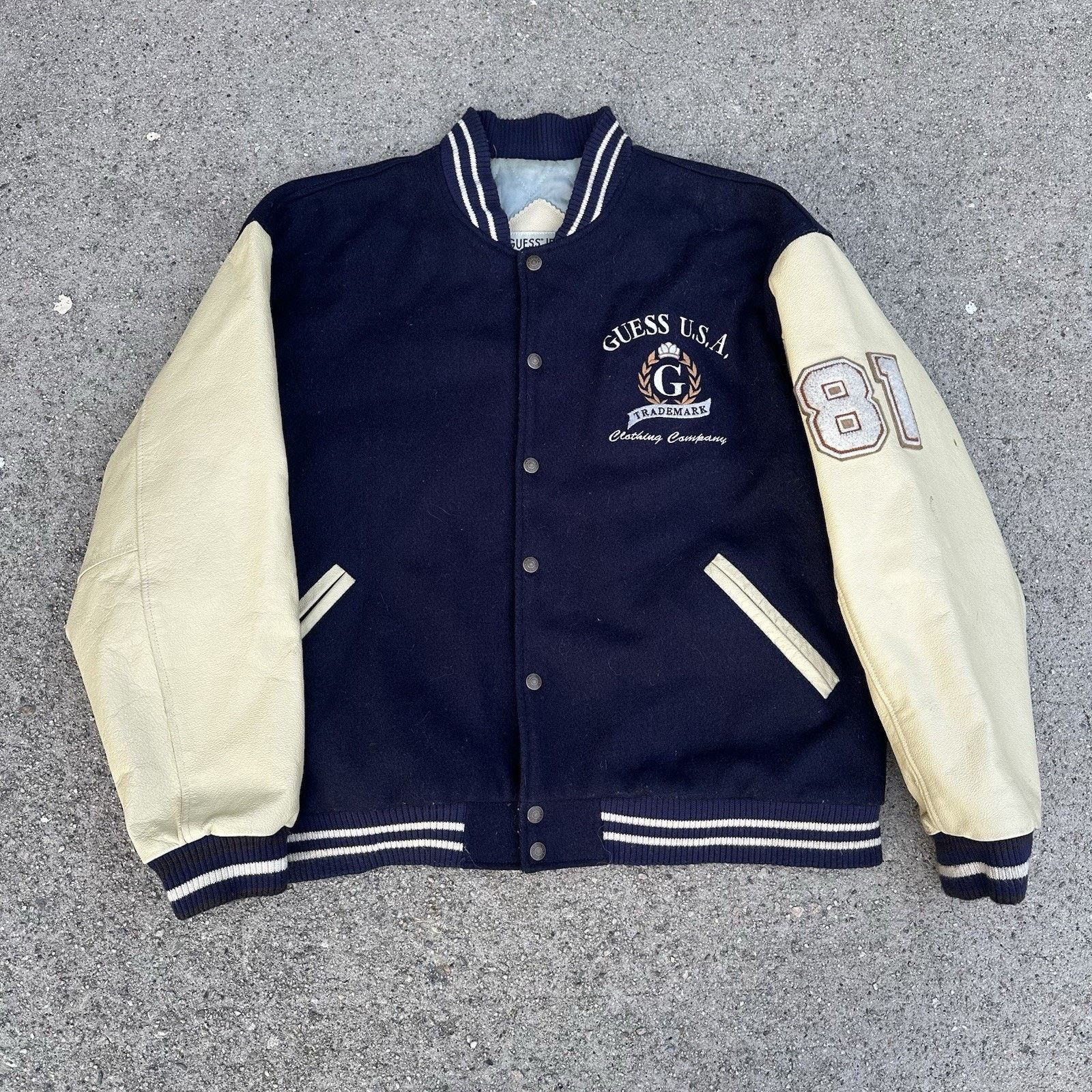 Guess × Vintage Vintage Guess Jeans Wool Leather Letterman Varsity Jacket Size US L / EU 52-54 / 3 - 2 Thumbnail