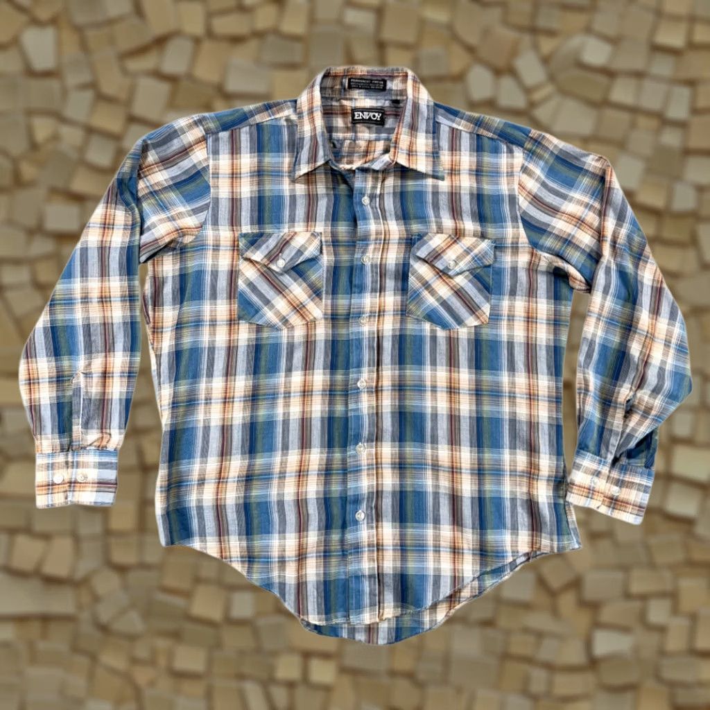 Vintage VINTAGE Envoy Shirt Adult LARGE Blue Brown Plaid 80s Long Sleeve Button-Up Pocketed Western Size US L / EU 52-54 / 3 - 1 Thumbnail