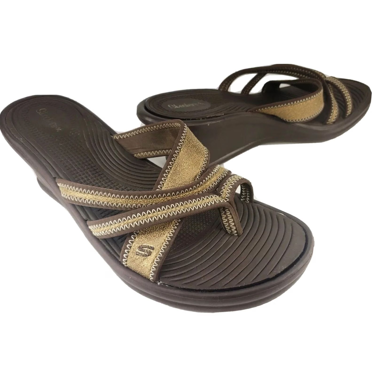SKECHERS Skechers Sandal Womens SZ 9 Gold & Brown Thong Comfort Slip On Slide Strappy EUC Size US 9 / IT 39 - 2 Thumbnail