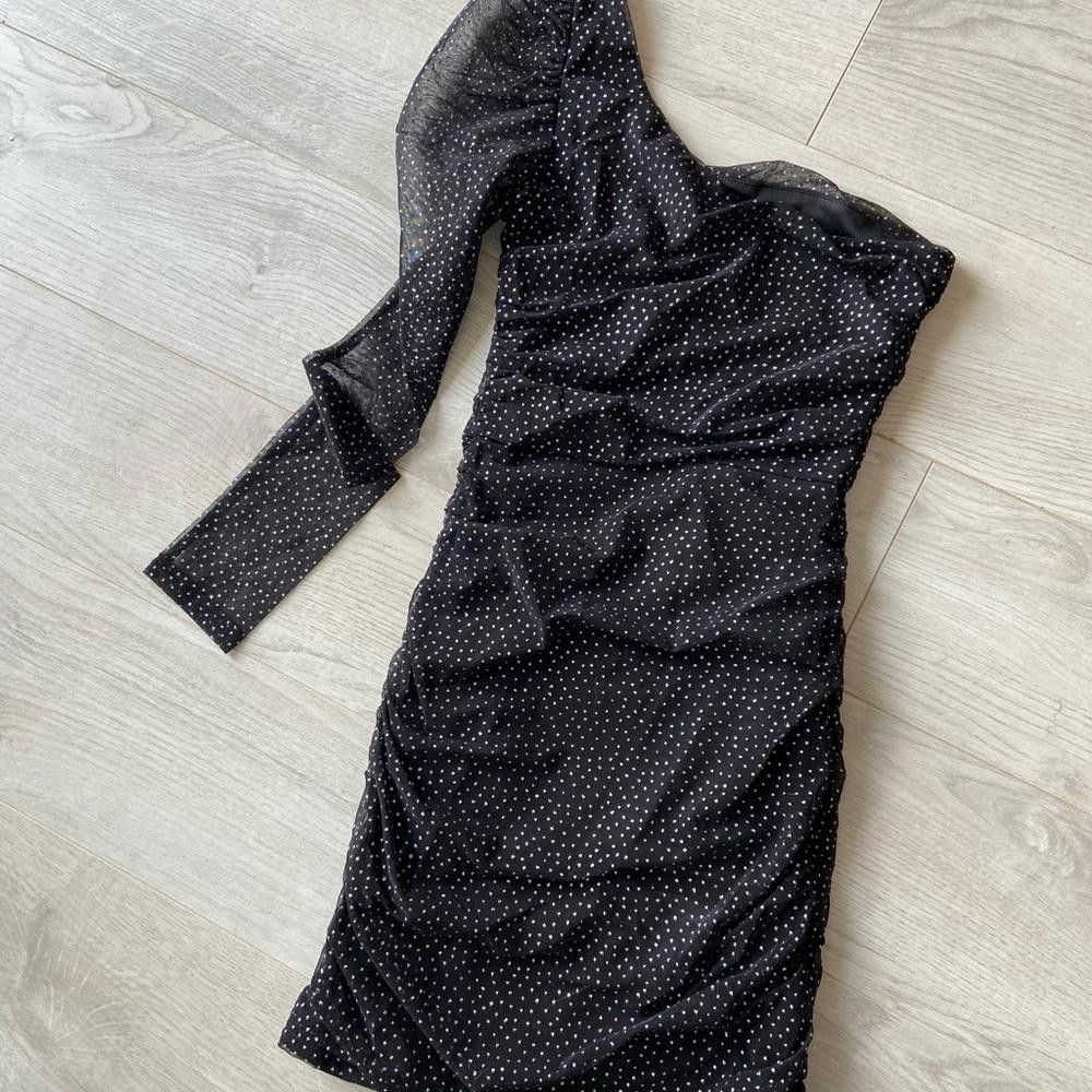 Designer Chic One-Shoulder Black Polka Dot Mini Dress Size XS / US 0-2 / IT 36-38 - 3 Thumbnail