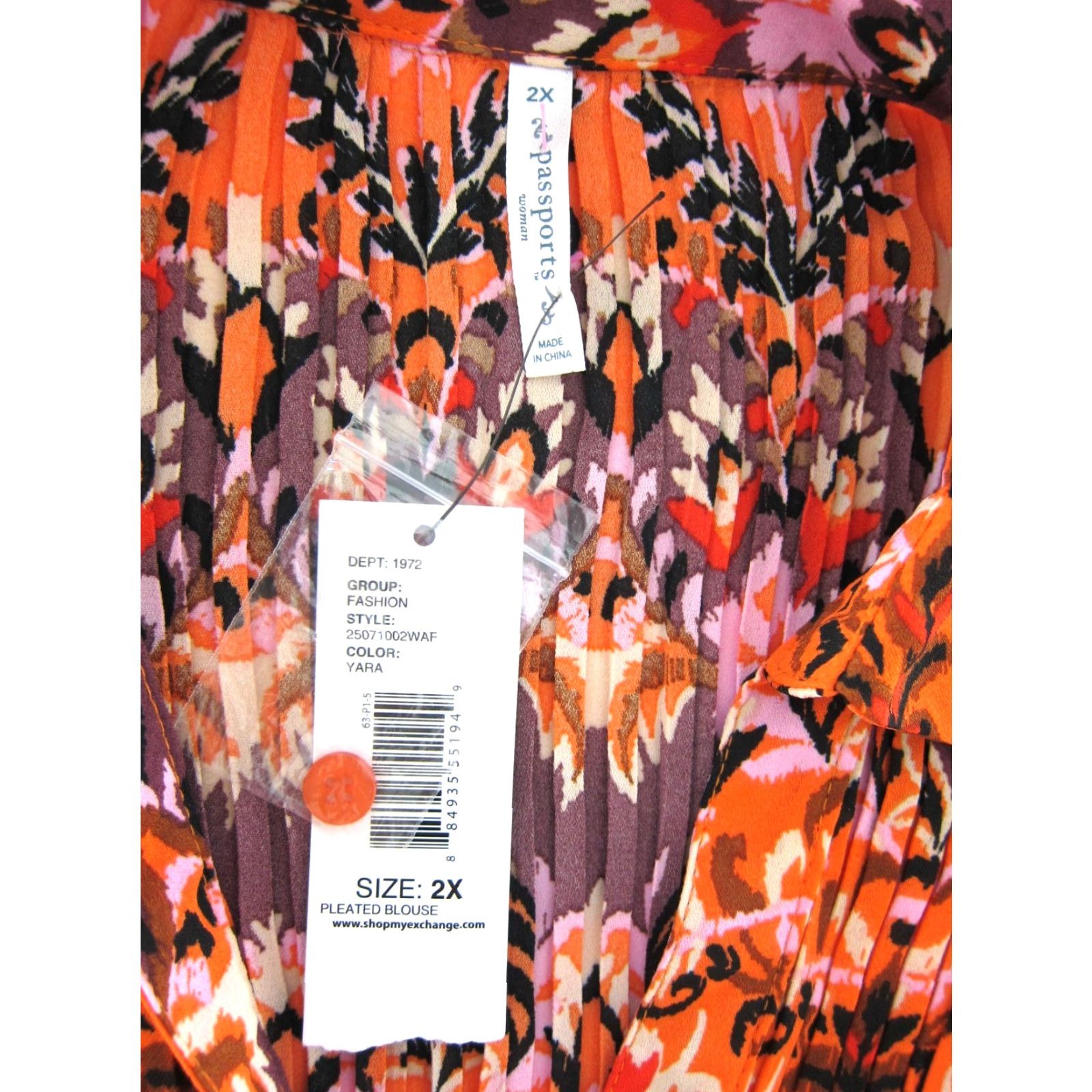 Vintage NWT Passports Blouse 3/4 Sleeve Button Up Pleated Floral Orange 2X Women Size XXL / US 16-18 / IT 52-54 - 3 Thumbnail