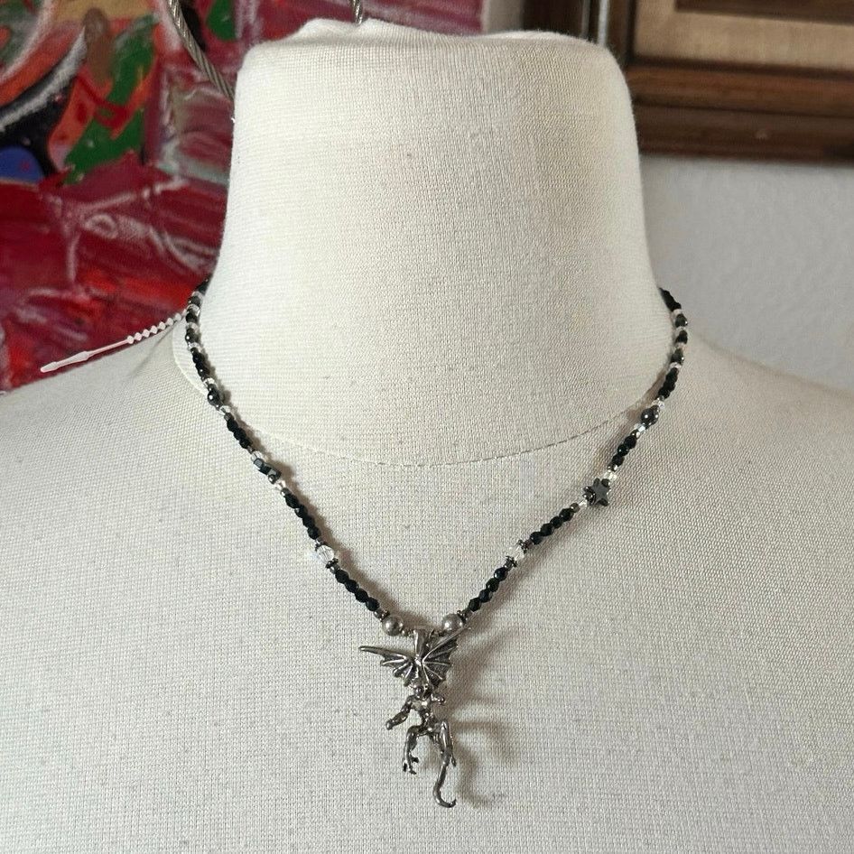 Other silver dragon gargoyle pendant beaded necklace Size ONE SIZE - 1 Thumbnail