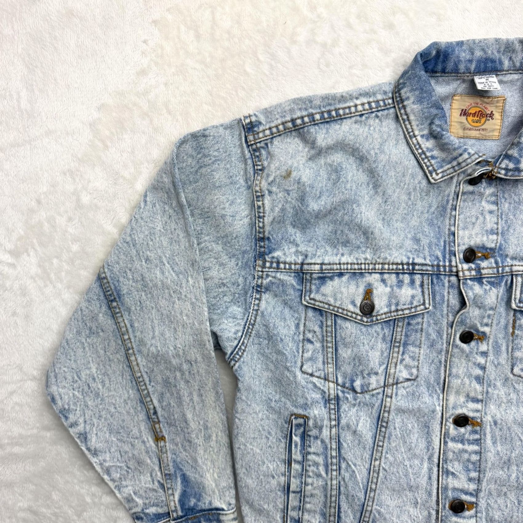 Hard Rock Cafe VINTAGE Hard Rock Cafe Jacket Mens M Blue Denim 80s Bomber Rock Logo Embroidered Pattern Solid Jacket Size US M / EU 48-50 / 2 - 6 Thumbnail