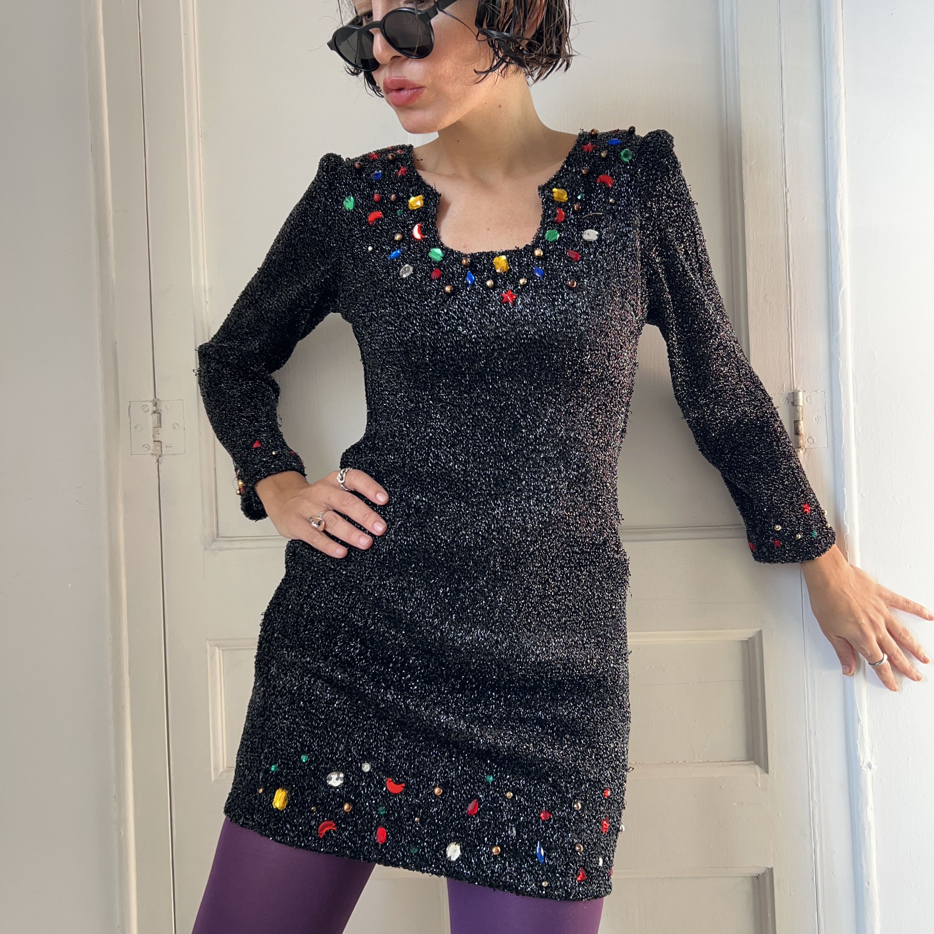 Vintage Vintage 80s Jeweled Black Lurex Mini Dress Size S / US 4 / IT 40 - 5 Thumbnail