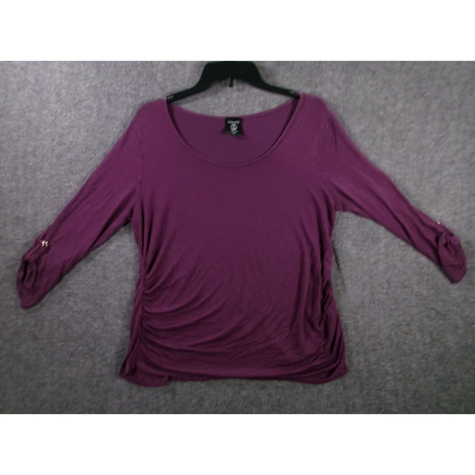 Vintage Hippie Chic Purple Tunic Blouse Women L 3/4 Sleeve Scoop Neck Side Ruching Rayon Spandex Solid Relaxed Vintage: No Size L / US 10 / IT 46 - 2 Thumbnail
