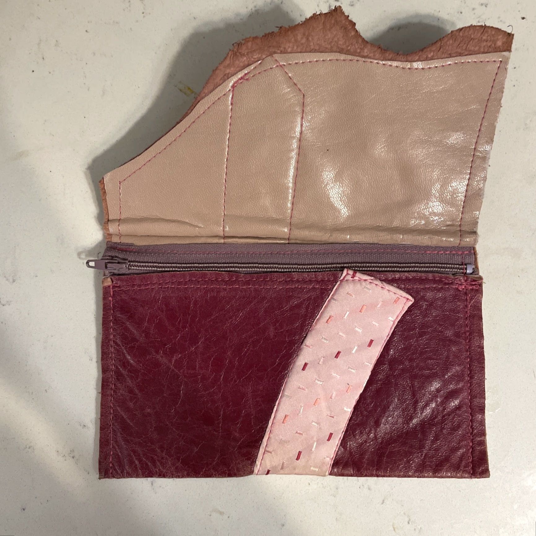 Vintage VINTAGE Handmade Leather Purple Pink Ribbon Clutch Pouch Cosmetic Bag Wallet Boho Stars Womens Purple Bag Zipper Clutch Womens Size ONE SIZE - 4 Thumbnail