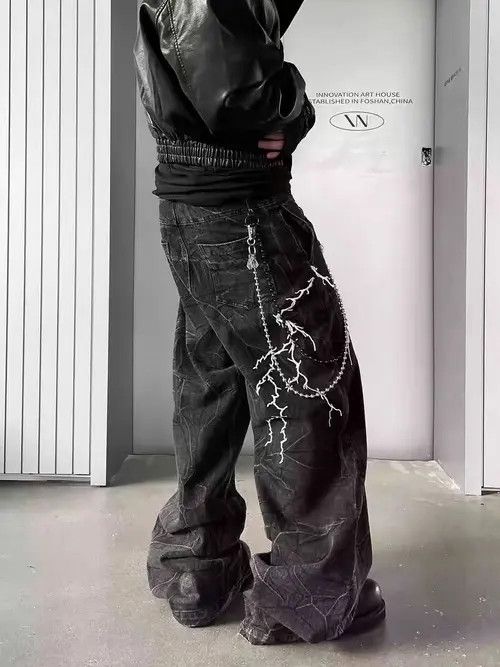 VIBE High Street Lightning Embroidered Y2K Hip Hop Baggy Jeans Size US 34 / EU 50 - 5 Thumbnail