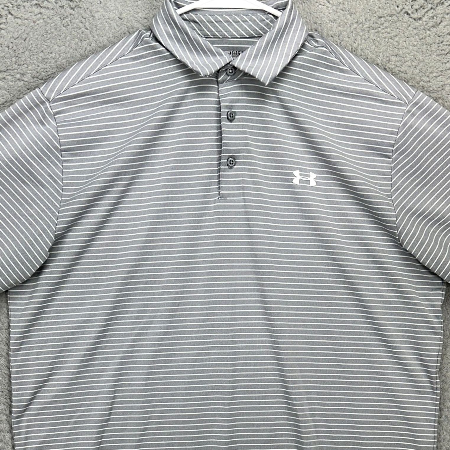 Under Armour Under Armour HeatGear Polo Mens Golf XL Striped Short Sleeve Gray Breathable Stretch Rugby Logo Size US XL / EU 56 / 4 - 2 Thumbnail