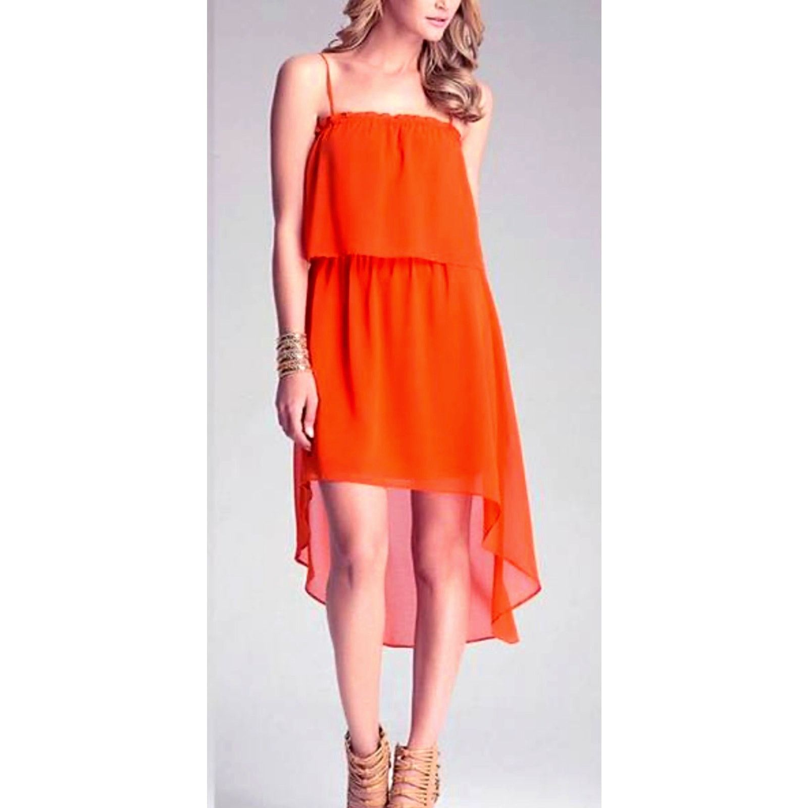 Bebe Bebe Square Neck High Low Chiffon Sleeveless Dress Orange L Size L / US 10 / IT 46 - 2 Thumbnail