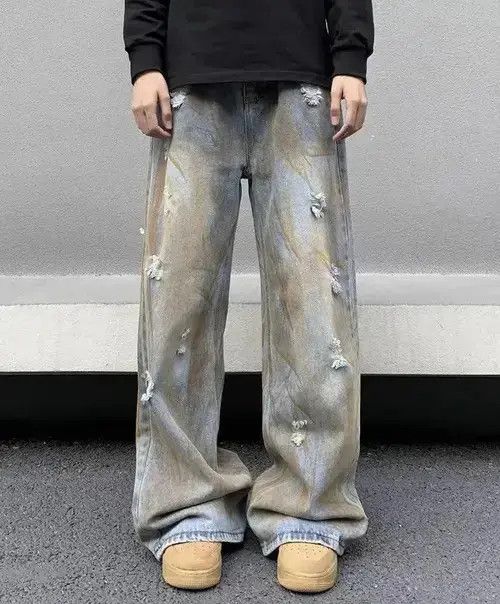 Jean Dirty Wash Blue Baggy Distressed Jeans Size US 34 / EU 50 - 4 Thumbnail