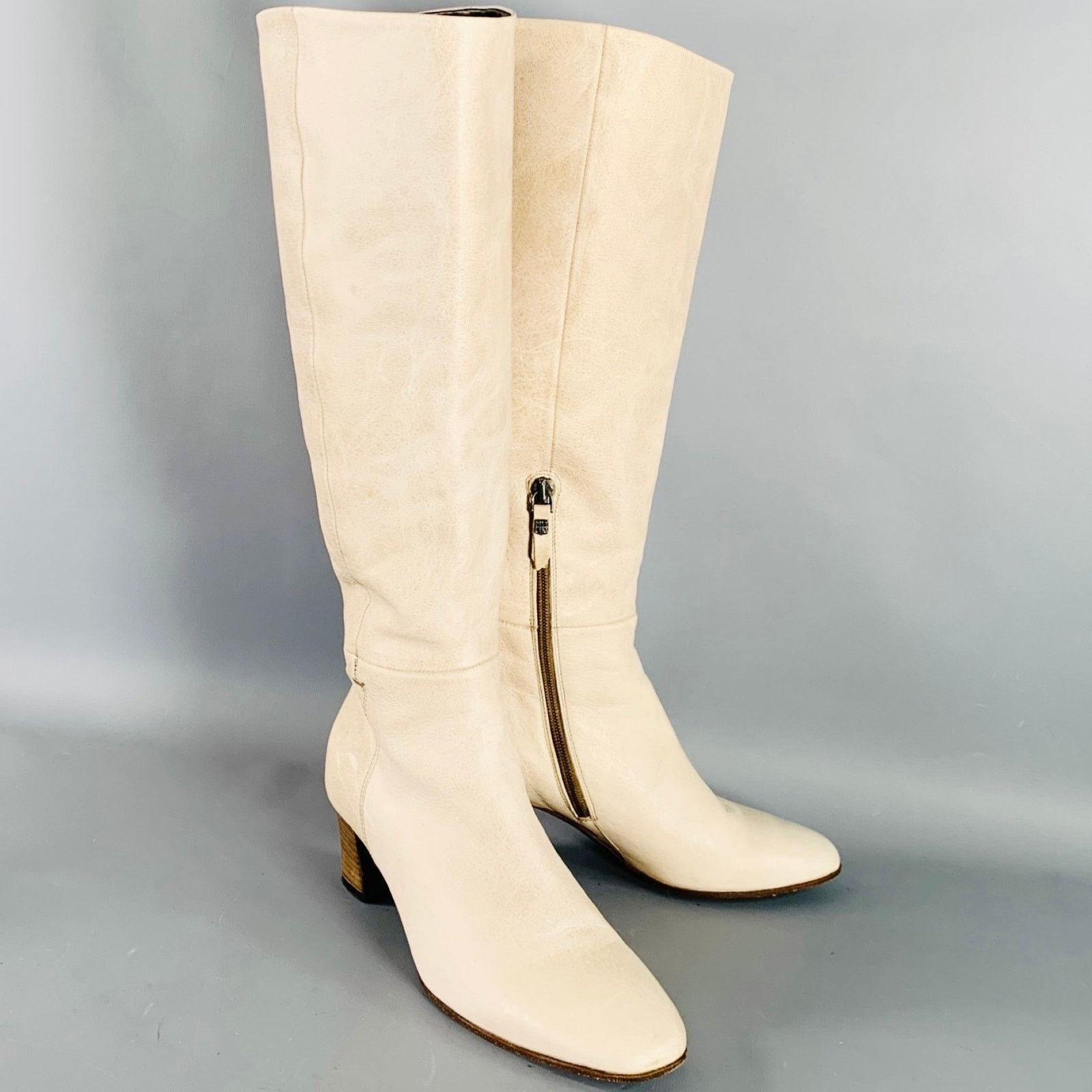 Pantanetti PANTANETTI Beige Leather Stacked Heel Calf High Boots Size US 7.5 / IT 37.5 - 1 Thumbnail