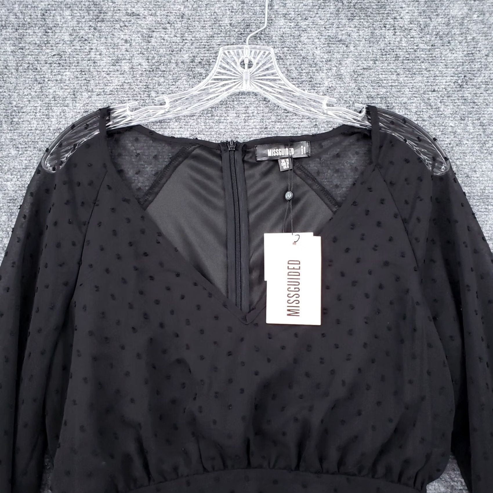 Missguided Missguided Dress Womens 6 Black Dobby Long Sleeve Sheer V Neck Skater Lined Size M / US 6-8 / IT 42-44 - 3 Thumbnail