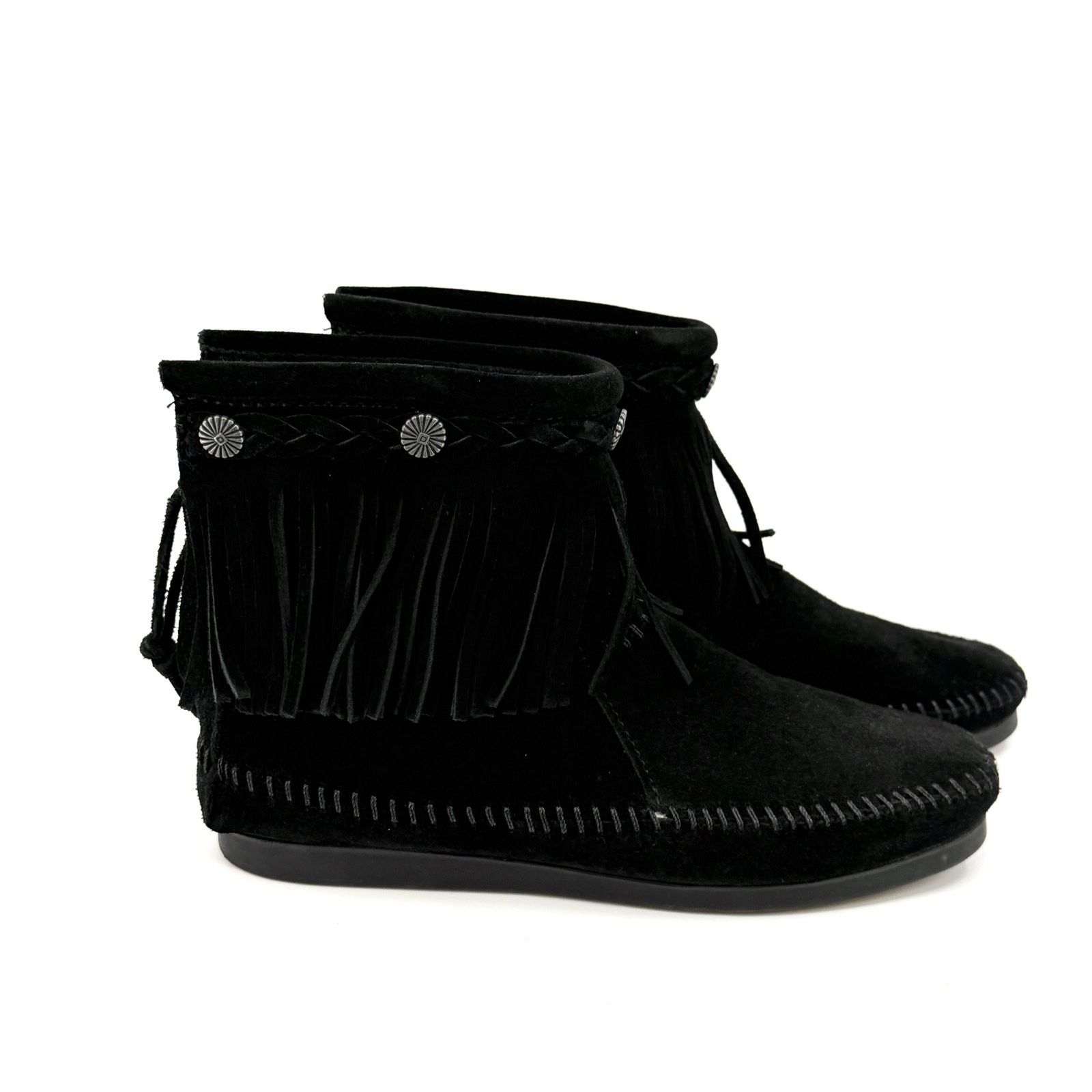 Minnetonka Black Genuine Leather Fringe Back Zip Moccasin Booties Size US 5.5 / IT 35.5 - 5 Thumbnail