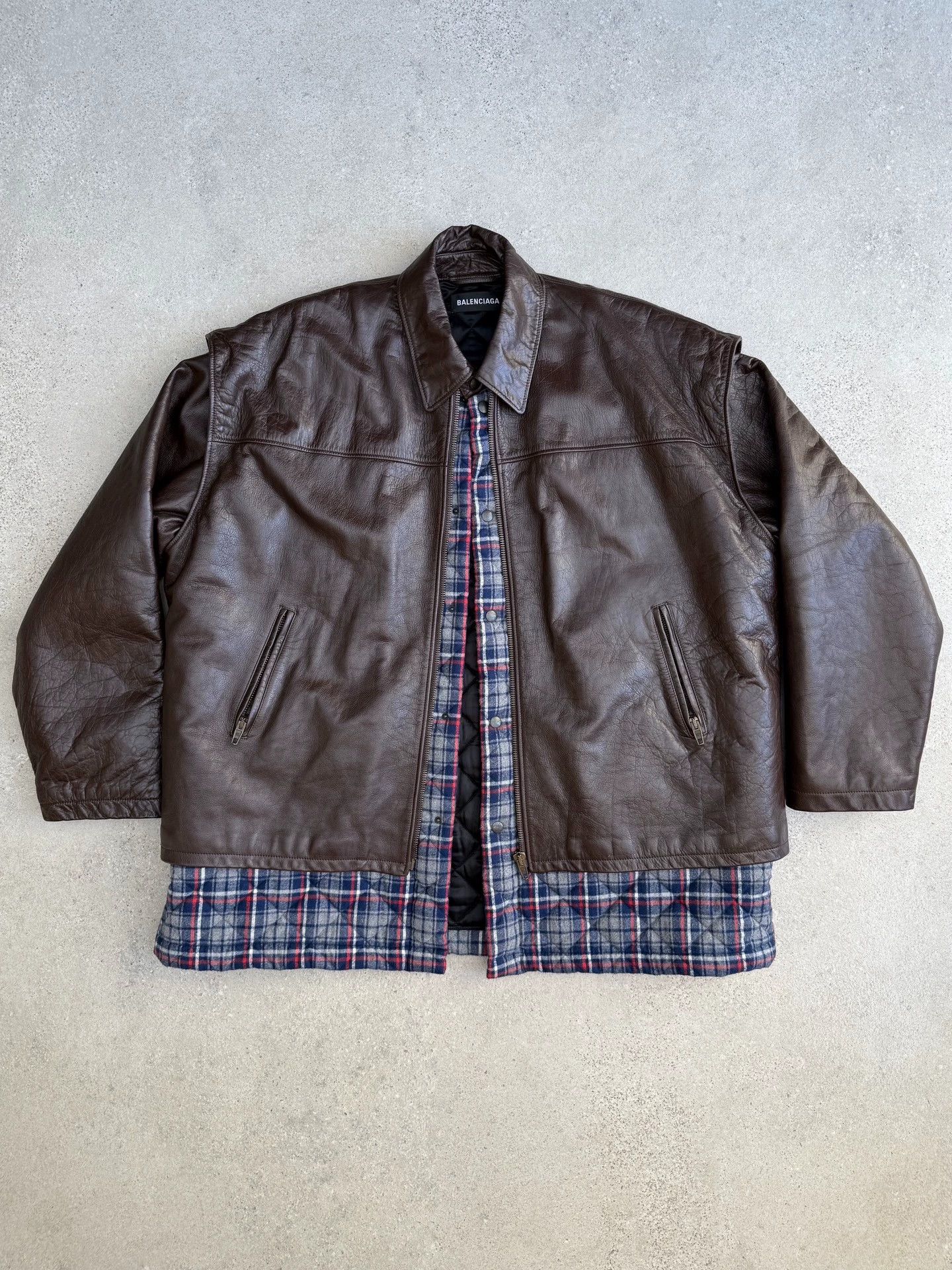 Balenciaga Balenciaga 18FW 2-in-1 Plaid Leather-Cotton Jacket Dark Brown 46 Size US S / EU 44-46 / 1 - 1 Thumbnail