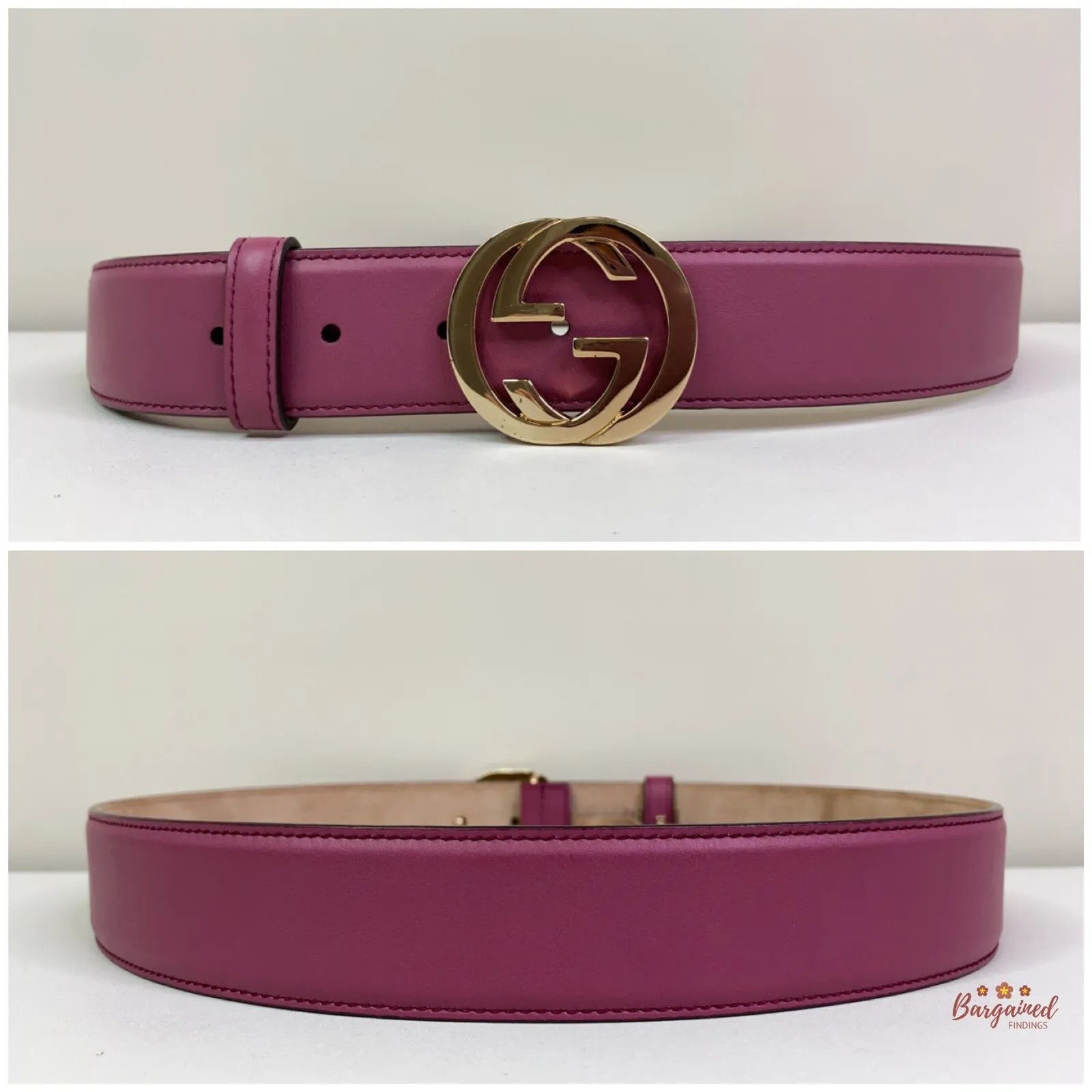 Gucci Gucci Pink Calfskin Leather Gold Interlocking G Buckle Belt Size 30 - 3 Thumbnail