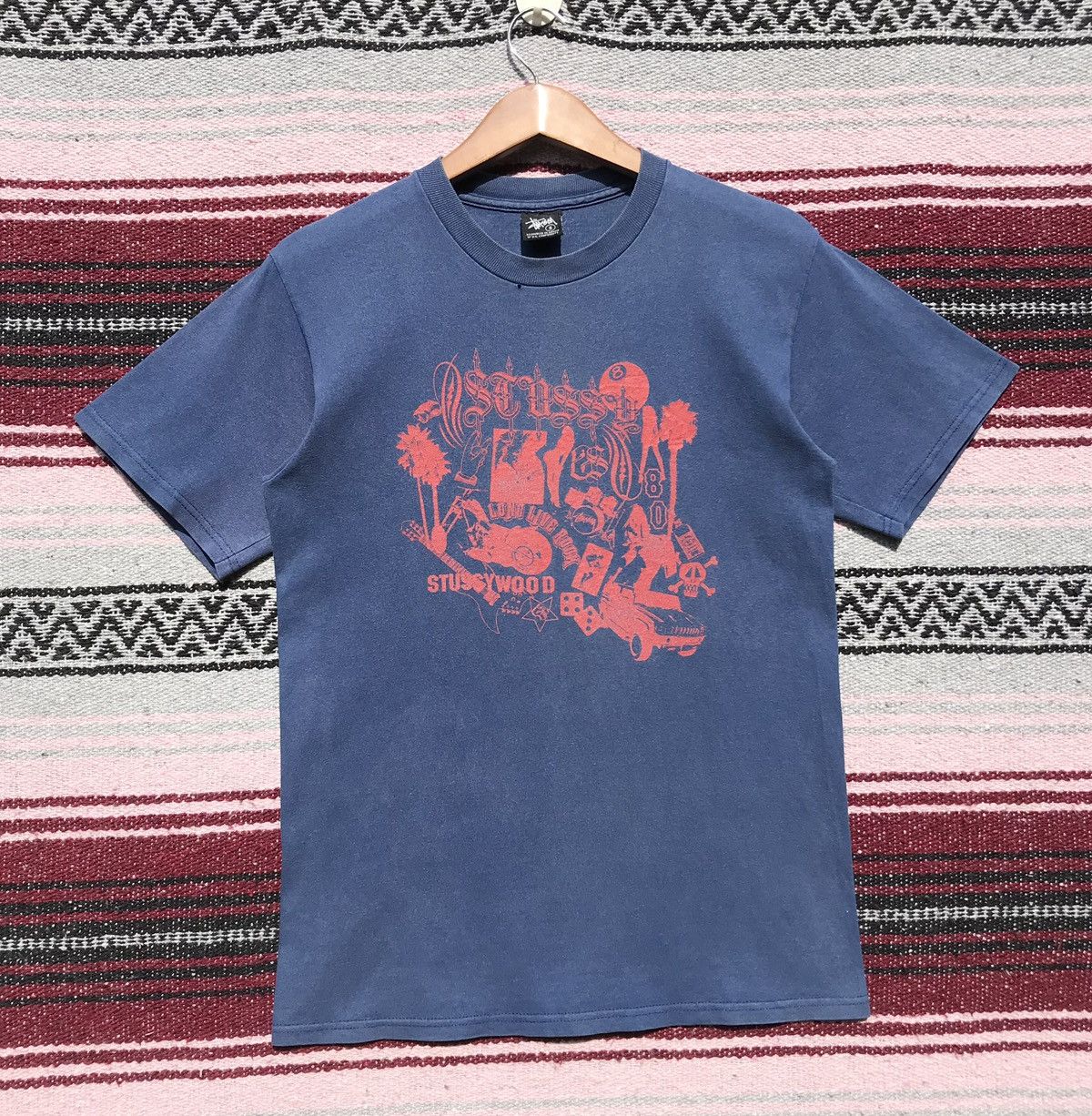 image of Distressedy2K Vintage Stussy Wood Tee Streetwear in Blue, Men's (Size Small)