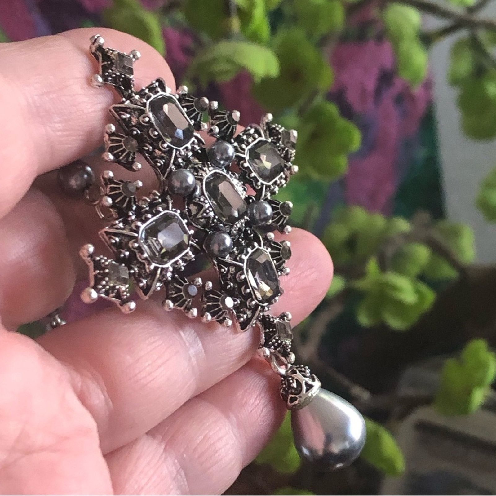 Handmade Handcrafted repurpose gray pearl & stone pendant necklace Size ONE SIZE - 11 Thumbnail