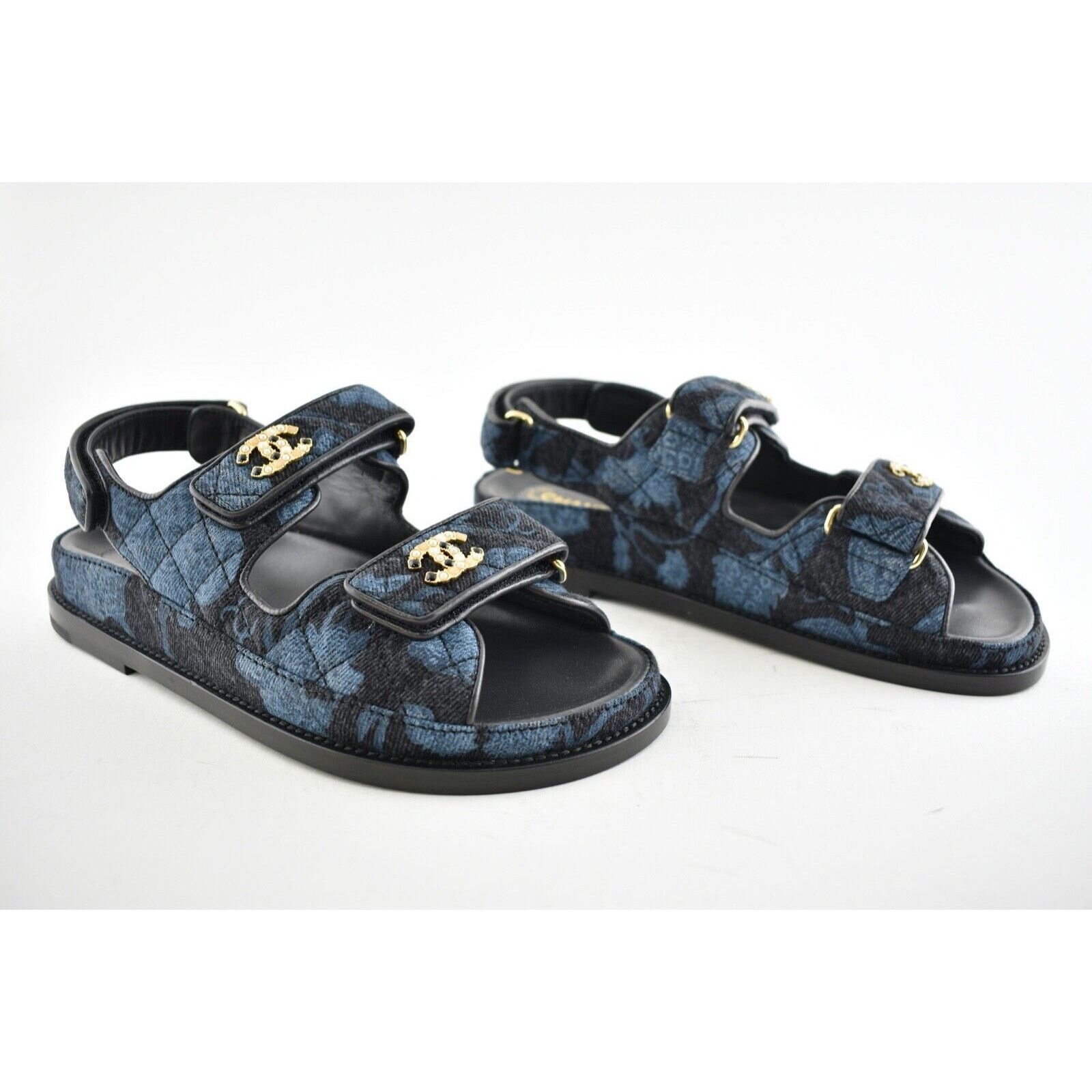 Chanel Chanel 21A Blue Black Grey Denim CC Logo Mule Slide Strap Size US 10 / IT 40 - 4 Thumbnail