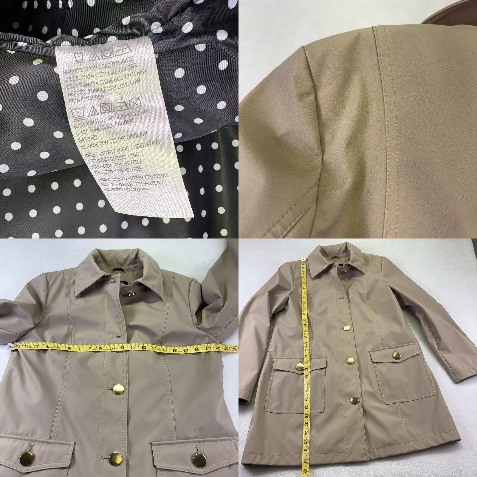 Vintage Dennis Basso Coat Womens S Brown Rain Trench Tan Gold Button Front Polka Dot Lined Size Size S / US 4 / IT 40 - 8 Thumbnail
