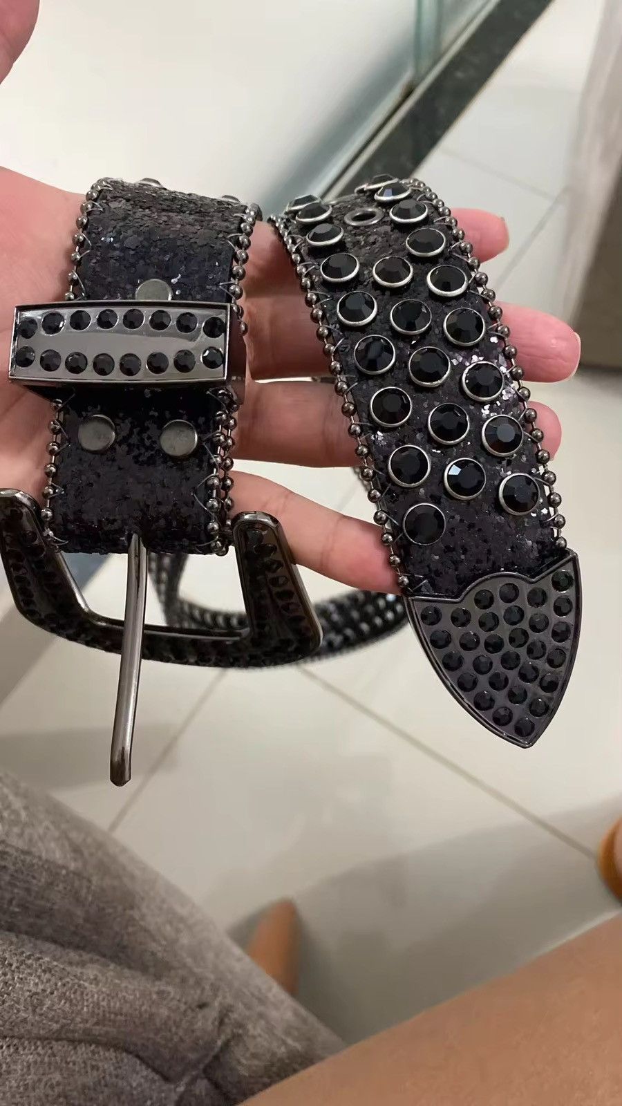 Leather × Vintage Black rhinestone shiny rivet belt Y2K Size ONE SIZE - 6 Thumbnail
