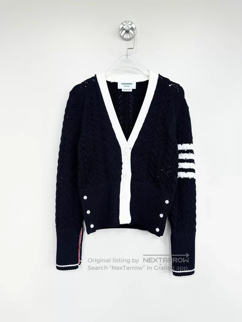 Thom Browne Thom Browne Black Classic Four-stripe Open-knit Wool Cardi Size US XXS / EU 40 - 1 Thumbnail