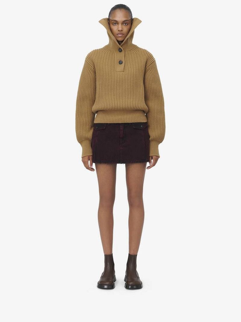 Alexander McQueen o1srvl11e0226 Funnel Neck Buttoned Neck Jumper In Camel Size S / US 4 / IT 40 - 3 Thumbnail