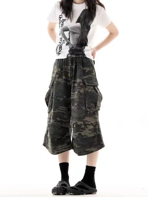 VIBE Vintage High Street Hip Hop Camo Denim Shorts Size US 32 / EU 48 - 5 Thumbnail