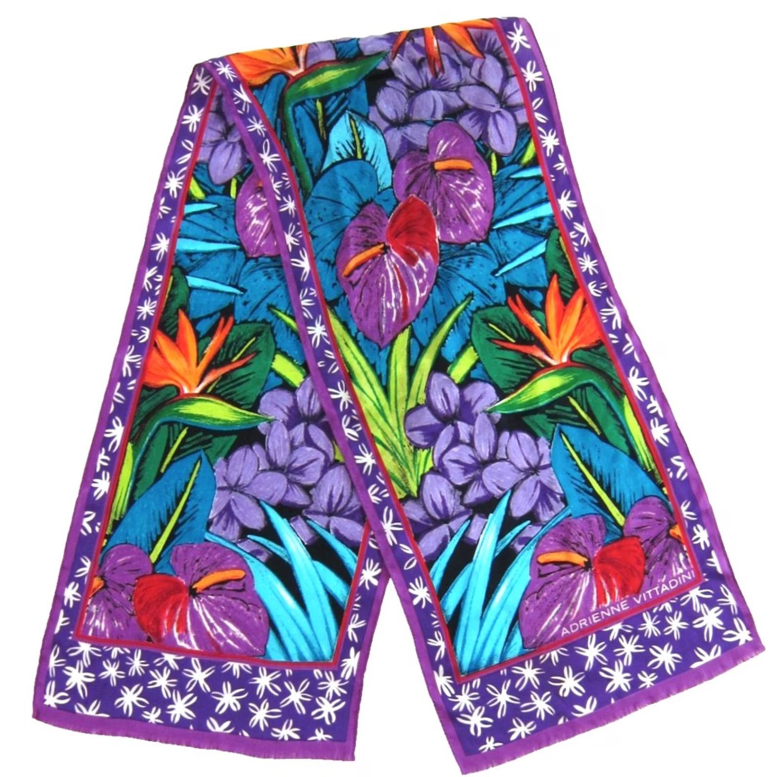 Vintage VTG ADRIENNE VITTADINI Silk Purple Green Tropical Floral Rectangle Scarf Womens 11" X 53" Vintage Floral Pattern Scarf Size ONE SIZE - 3 Thumbnail