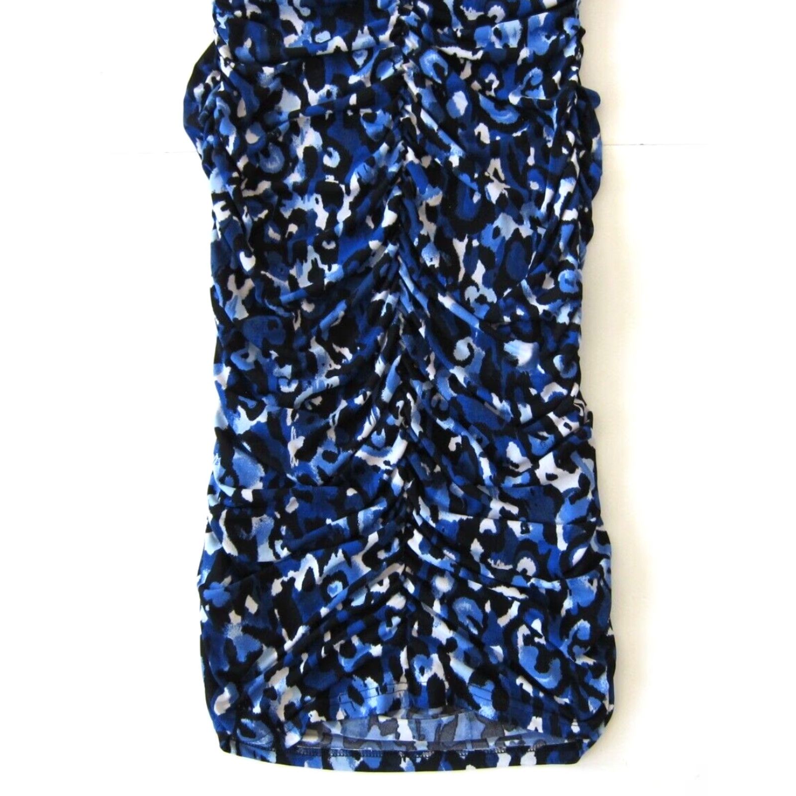 Marcs Marc Bouwer Leopard Stretch Cap Sleeve Ruched Bodycon Dress XS Blue White Black Leopard Pattern Midi Party/Cocktail Womens Size XS / US 0-2 / IT 36-38 - 6 Thumbnail