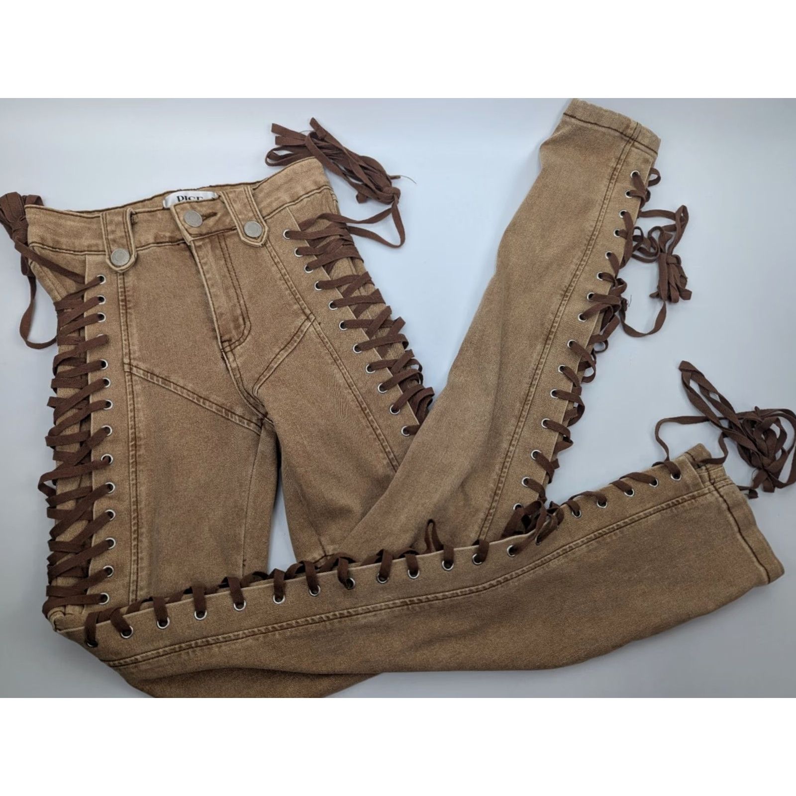 Vintage Rise Supply Co. Full Lace-up Expandable Sides Pants Y2K Western Hippie Khaki Tan 1 Denim Cotton Lyocell Polyester Teens Mens Womens Boys Girls Size 25" / US 0 / IT 36 - 2 Thumbnail