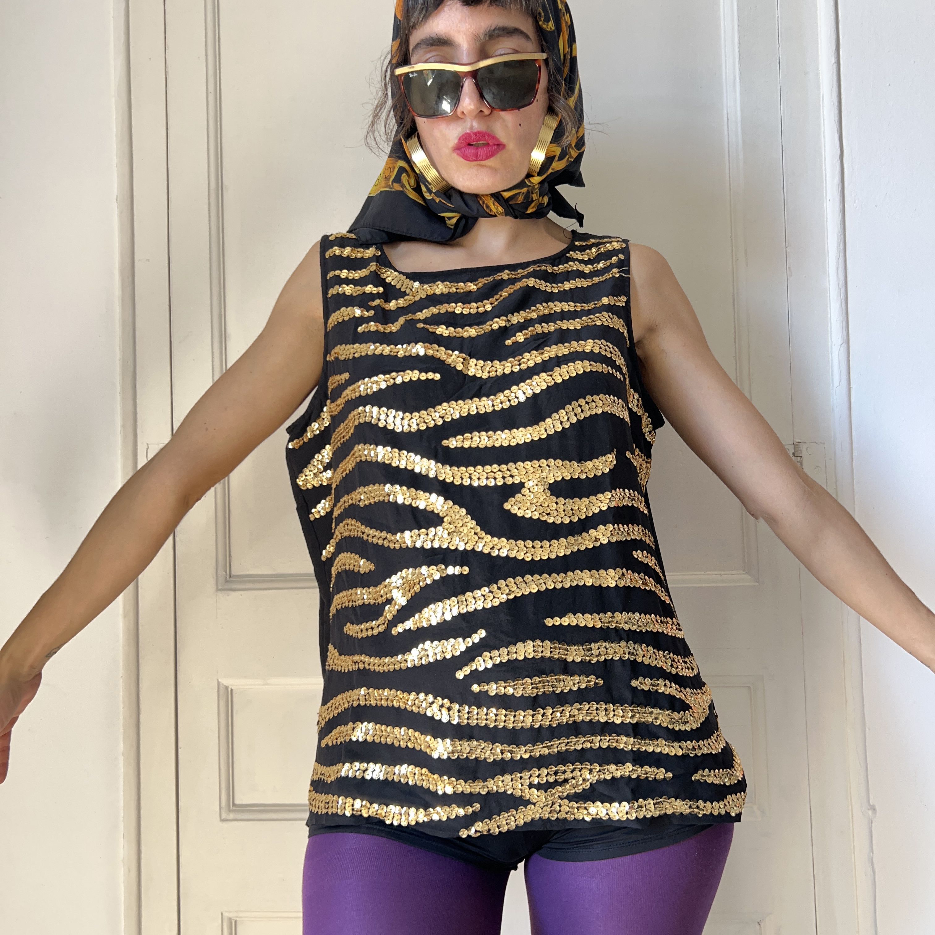 Vintage Vintage Silk Sequin Top, Black Gold Zebra Print Size L / US 10 / IT 46 - 7 Thumbnail