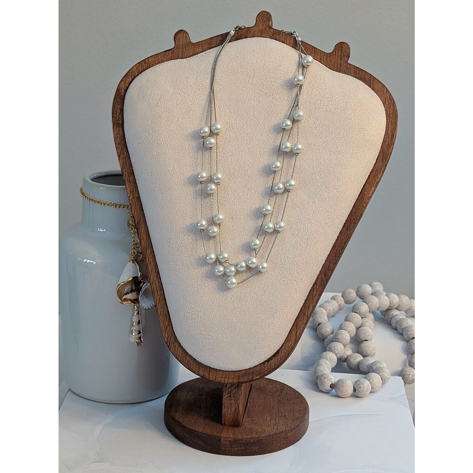 Vintage VTG 1980 16" Layered White Faux Pearl Station Chain Necklace Size ONE SIZE - 1 Thumbnail