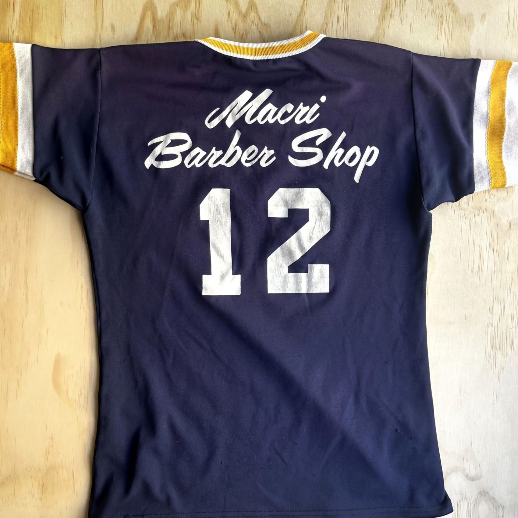 MLB Vintage Yankees Jersey Mens Small Baseball Tee Blue 12 Macri Barber Shop NYY Mens Small Baseball Jersey Size US S / EU 44-46 / 1 - 2 Thumbnail