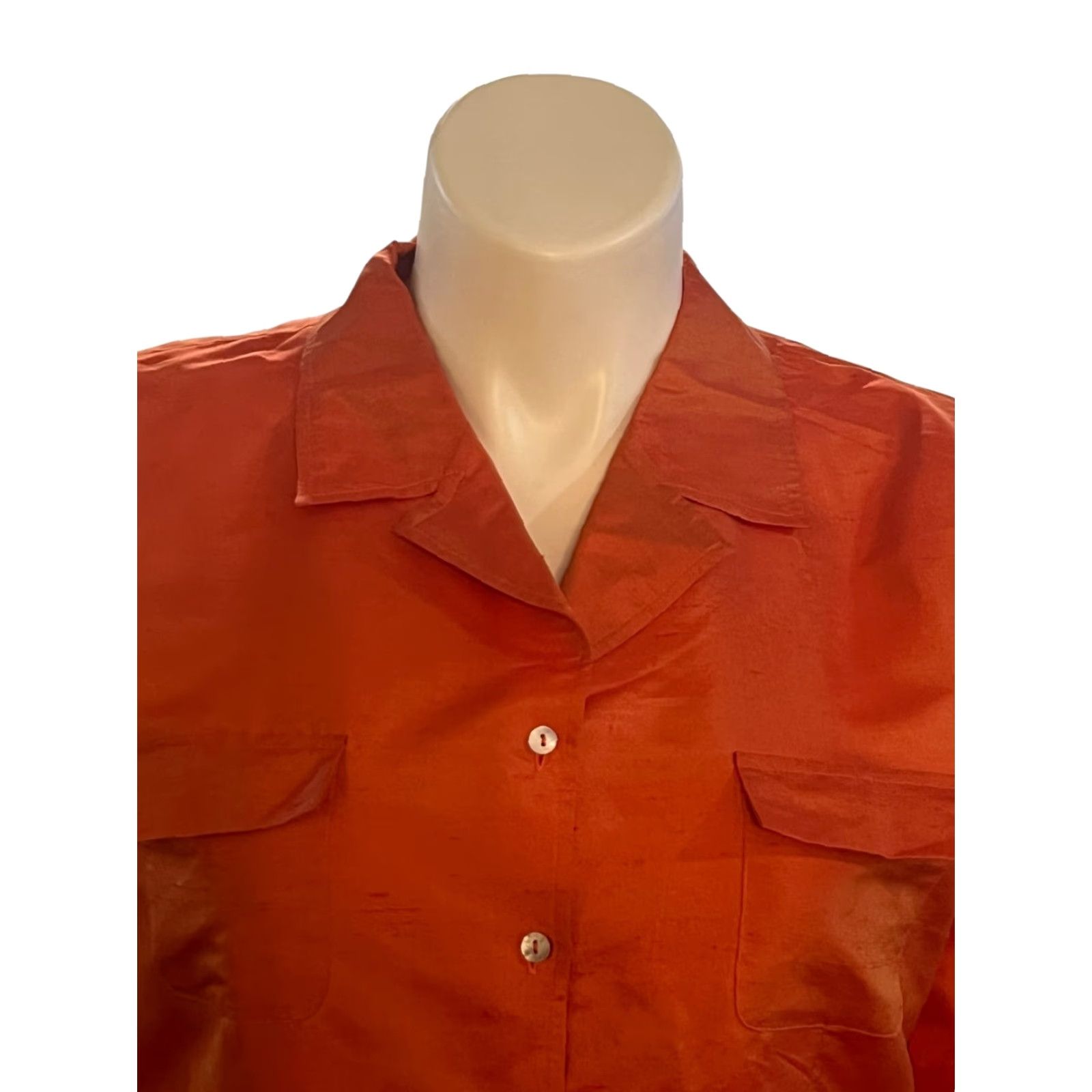 Vintage Allison Taylor Silk Blouse Orange Long Sleeve Button Up XL V-Neck Women's 100% Silk, Woven, Classic, Button, Collar, Dry Clean Only, EUC Size XL / US 12-14 / IT 48-50 - 2 Thumbnail