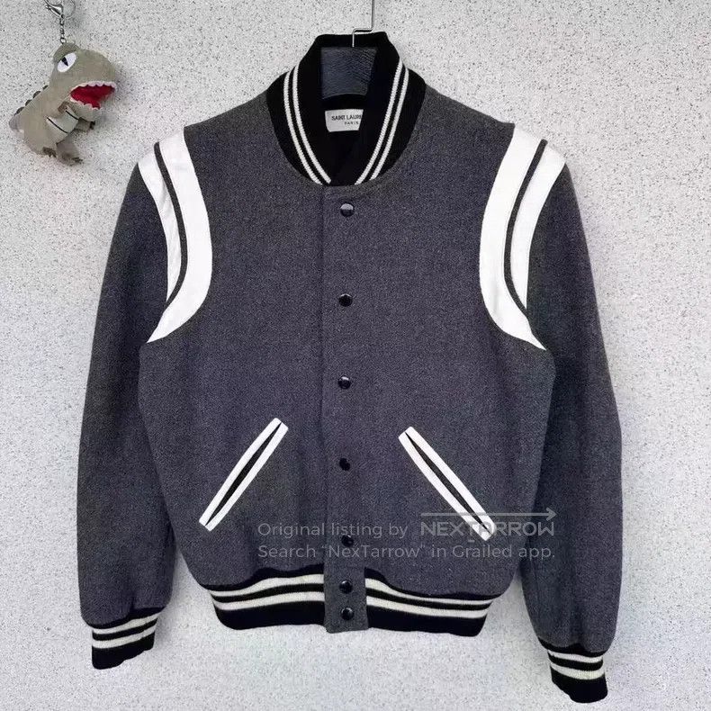 Saint Laurent Paris Saint Laurent Paris Grey Wool Mixed Leather Baseball Jacke Size US S / EU 44-46 / 1 - 1 Thumbnail
