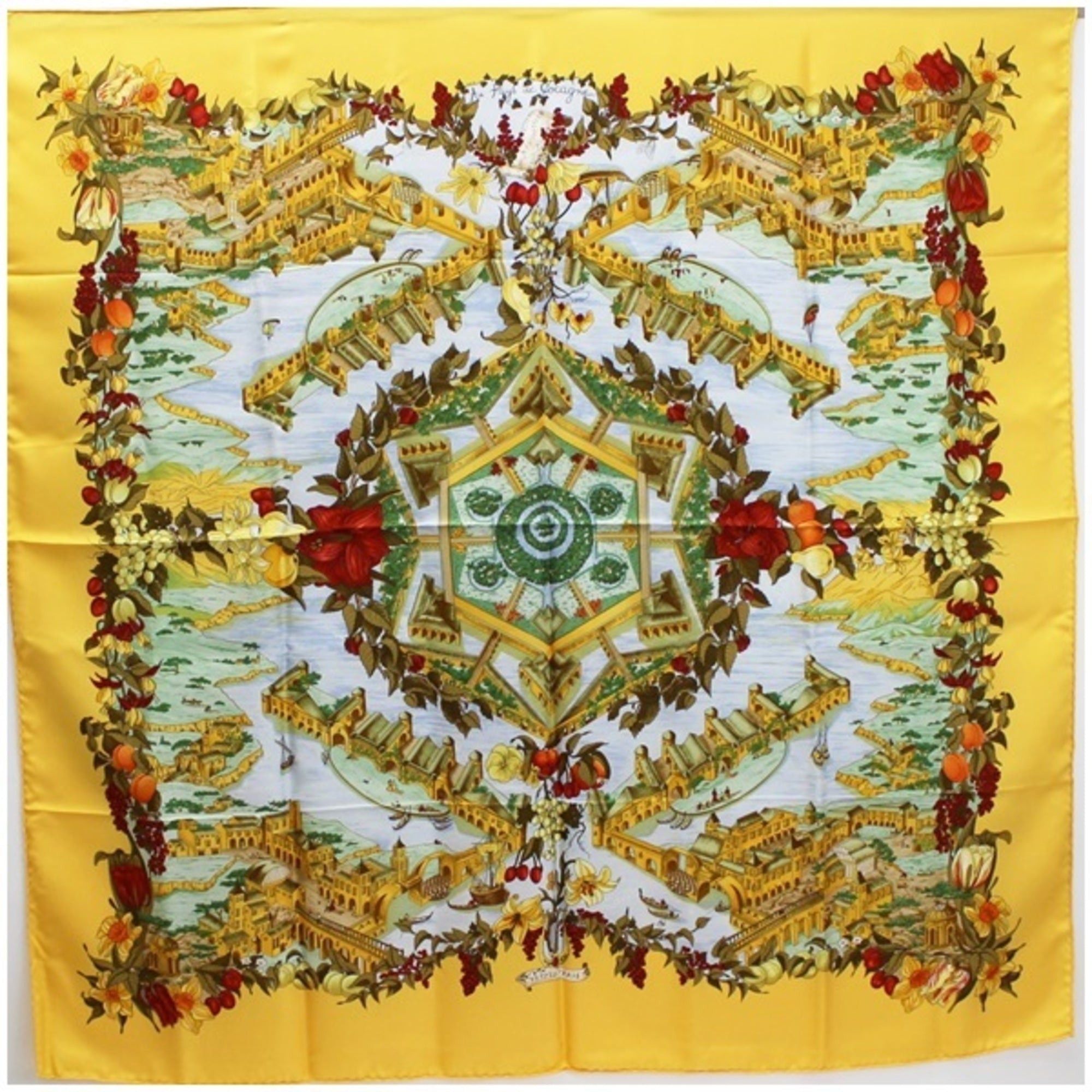 image of Hermes Silk Scarf Carre 90 "au Pays De Cocagne" In Paradise Yellow | For Ladies in Black, Women's