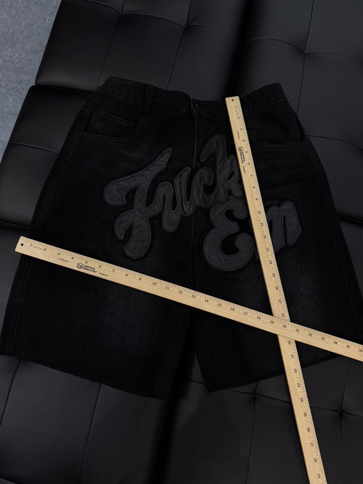 Other Fuck EM Shorts Black Denim Leather Patch Size (34) Size US 34 / EU 50 - 10 Thumbnail