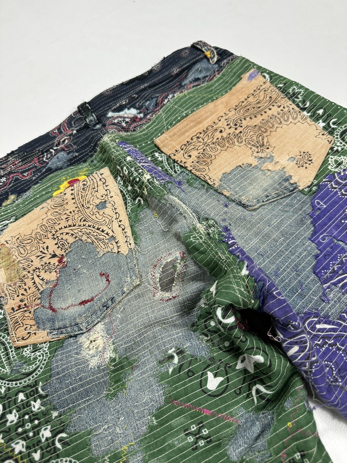 Handmade Custom Made Distressed Paisley Patchwork Boro Jeans pants Size US 30 / EU 46 - 11 Thumbnail