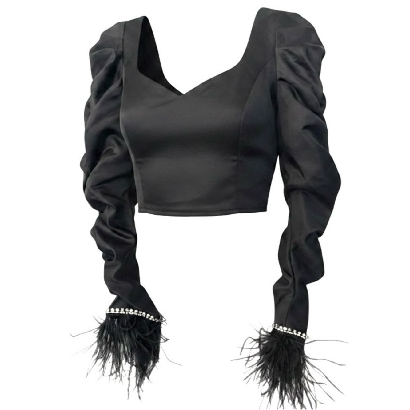 Other Black Satin Feather Sleeve Crop Top | Rhinestone Cuff | Par Size L / US 10 / IT 46 - 1 Thumbnail