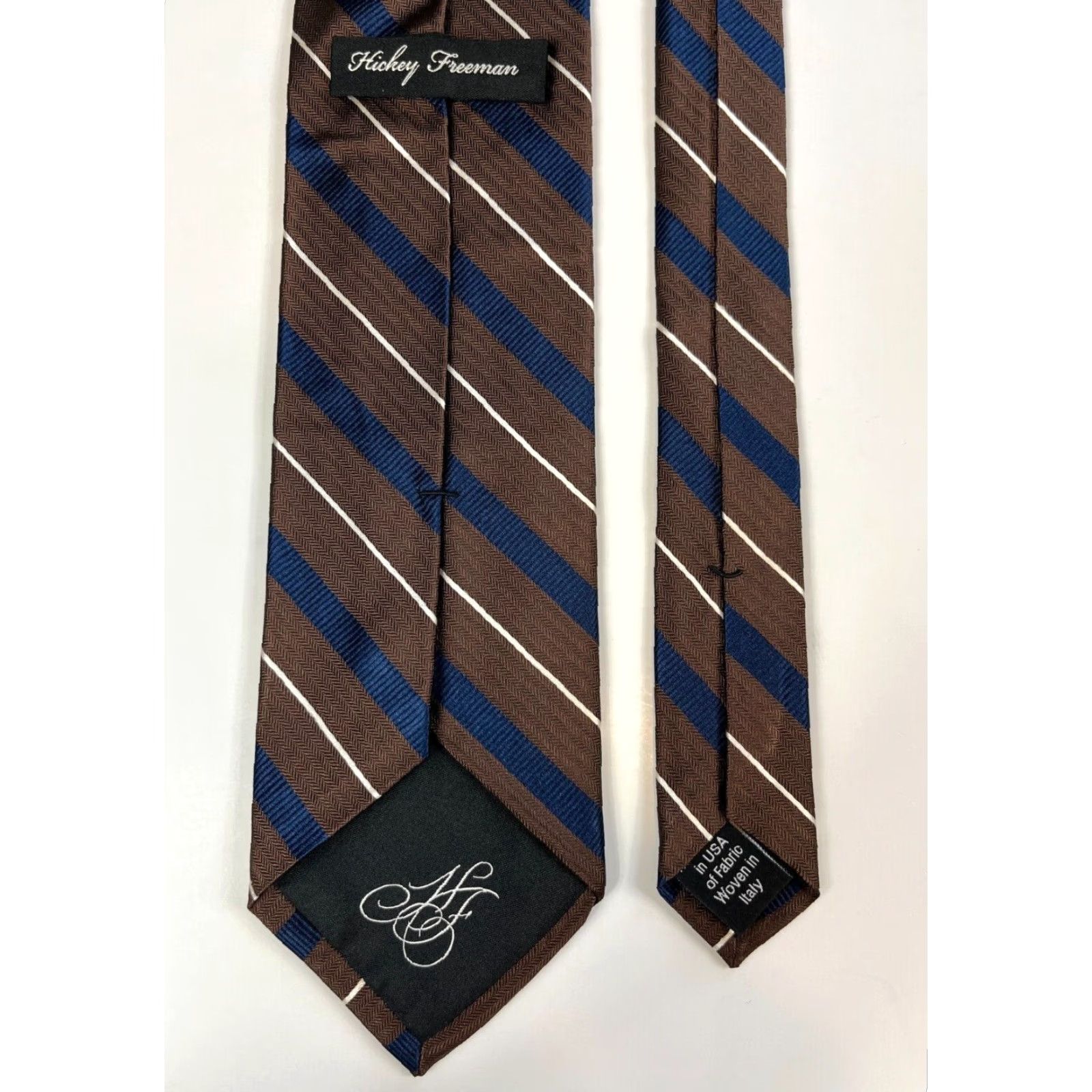 Vintage Hickey Freeman Men’s Luxury Silk Tie Hand Made in USA Fabric Woven in Italy Striped 100% Silk Brown 58" Length 3.5" Width Classic Tie Mens Size ONE SIZE - 7 Thumbnail